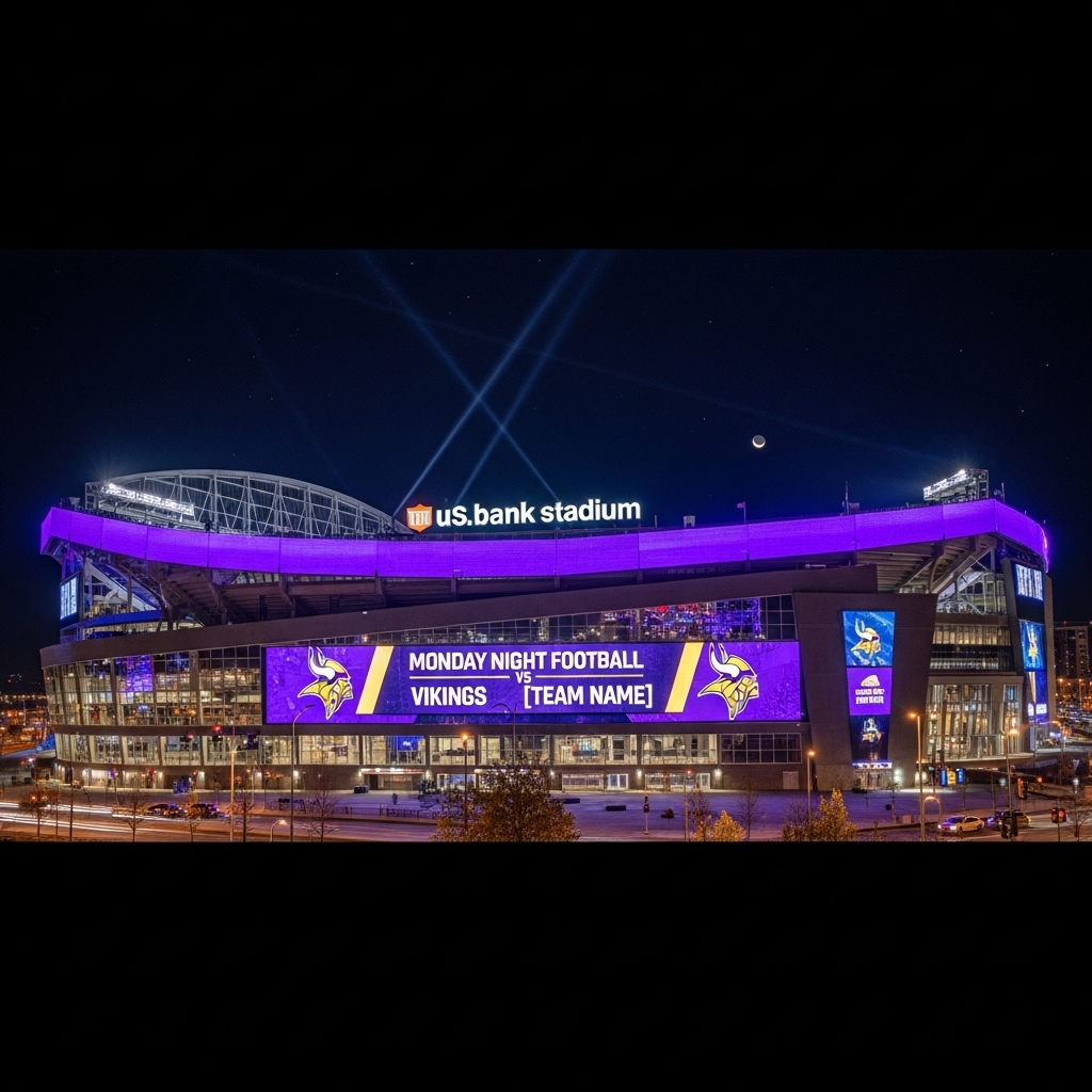 primetime mnf versus vikings: Caleb Williams' #1 Cause 4 A wide shot of U.S. Bank Stadium illuminated at night for the primetime mnf versus vikings contest.