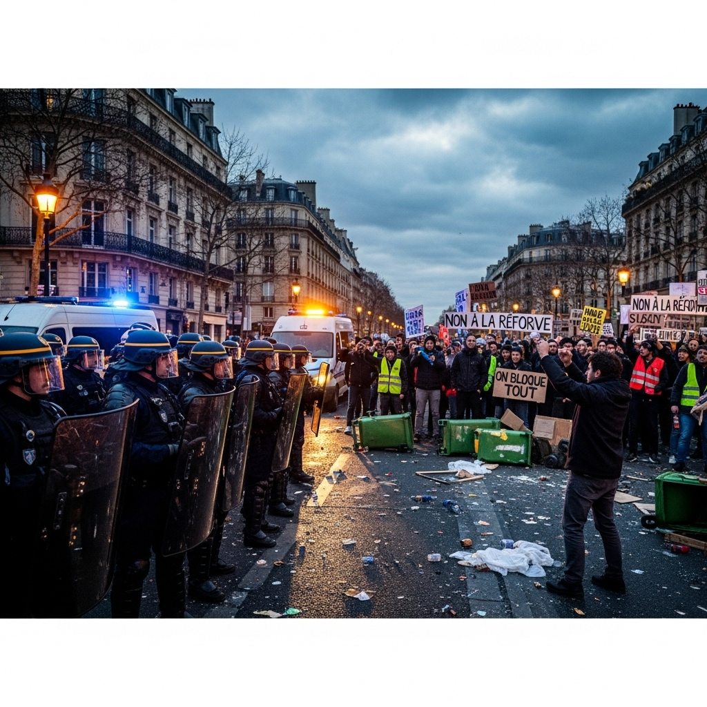 'Block everything' protests: 100s Arrested Across France 2 A wide shot showing French police facing off with demonstrators during the 'block everything' protests.