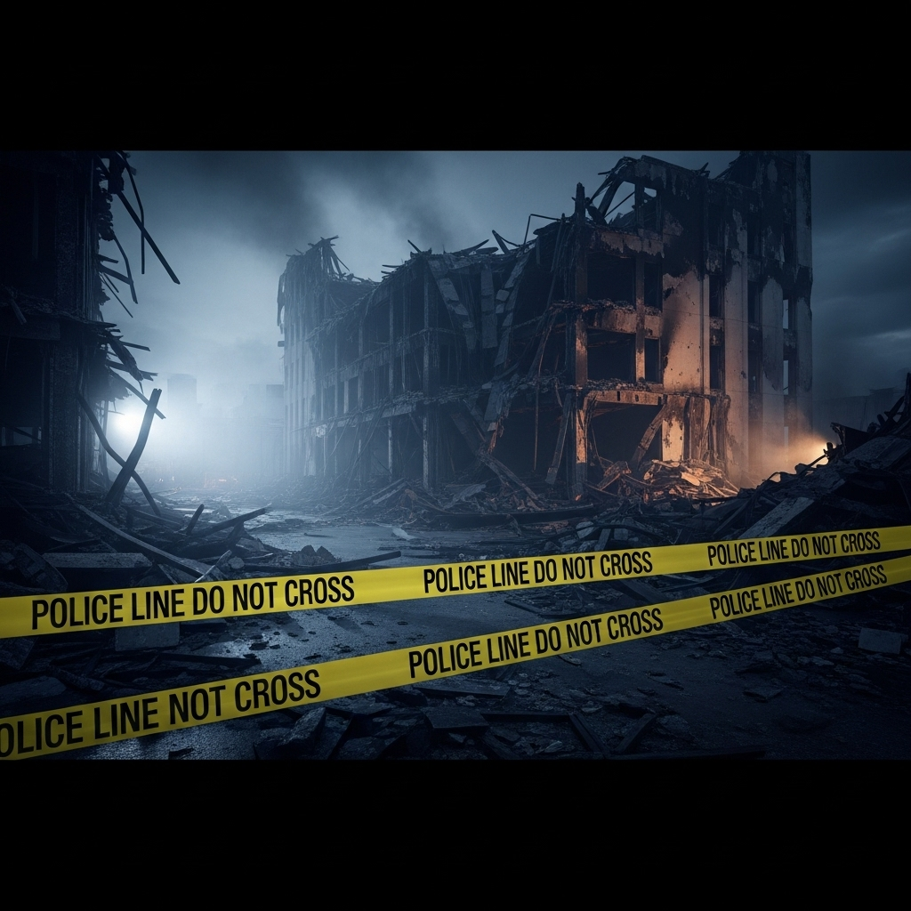 Gen Z Protesters: 3 Top Leaders' Homes Torched in Nepal 4 A wide shot showing the charred remains of a building, with police tape cordoning off the area, representing the aftermath of the gen z protesters' actions.