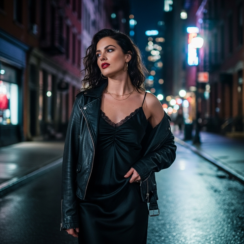 dressed-up downtown cool: 7 looks for your next night out 2 A woman showcasing a dressed-up downtown cool aesthetic with a slip dress and leather jacket.