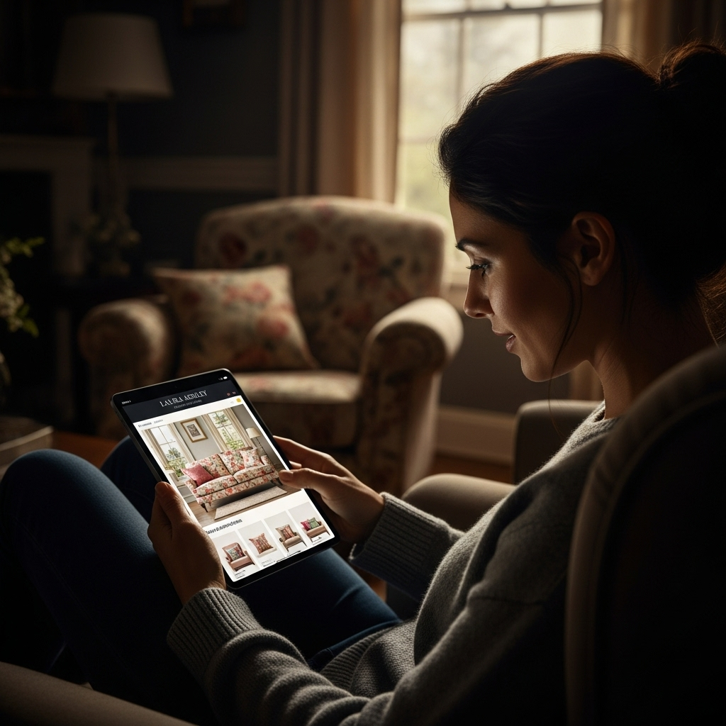 new owners revive Laura Ashley with 1 new U.K. store 4 A woman using a tablet to shop the Laura Ashley collection online, a key focus for the new owners' digital-first strategy.