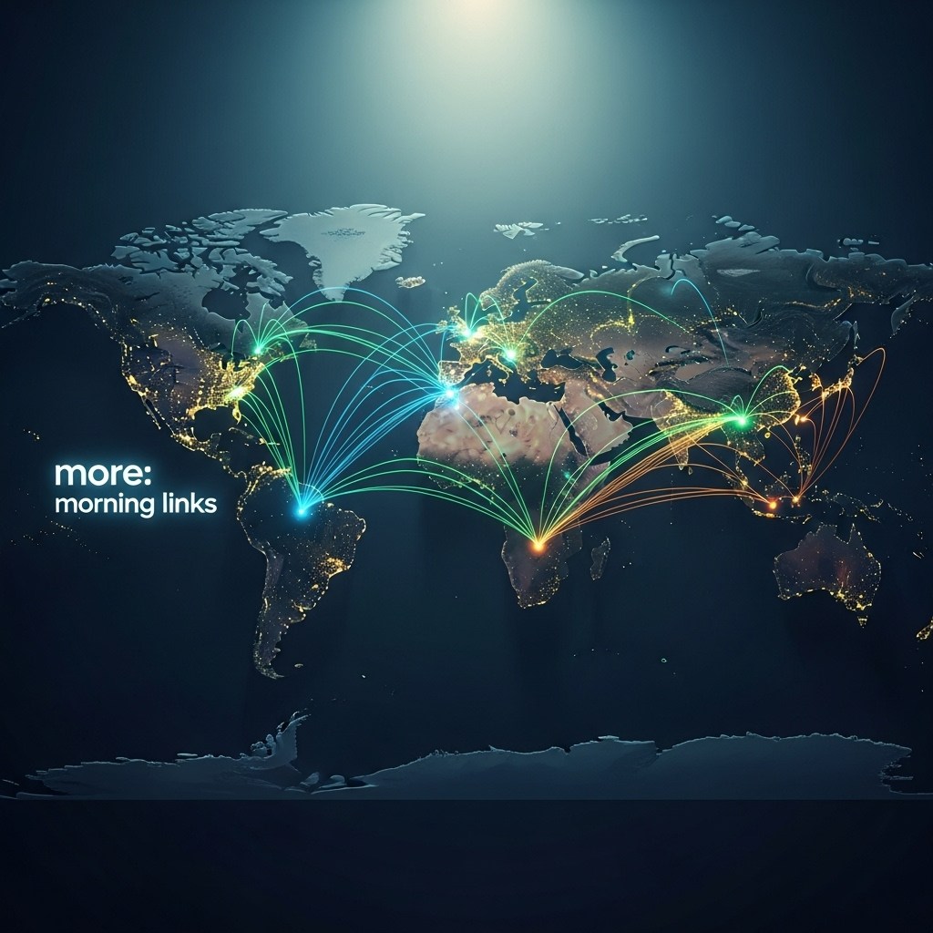more: morning links: 2 Kennedy Center Firings & News 4 A world map with glowing connection lines, symbolizing the global stories covered in the more: morning links article.