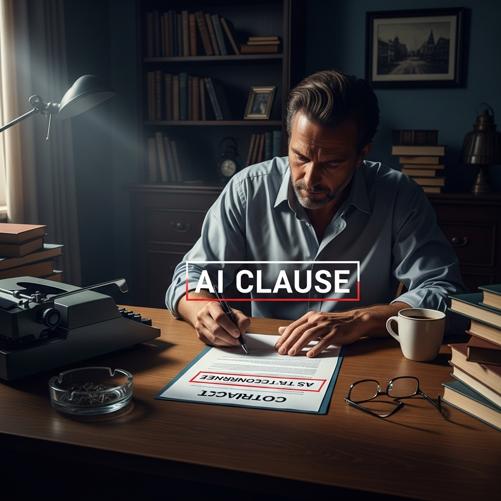 $1.5b copyright settlement: Why it's a Bad Deal for Writers 4 A writer at a desk, looking determined while signing a contract, with a focus on the AI clause, a reaction to the $1.5b copyright settlement.