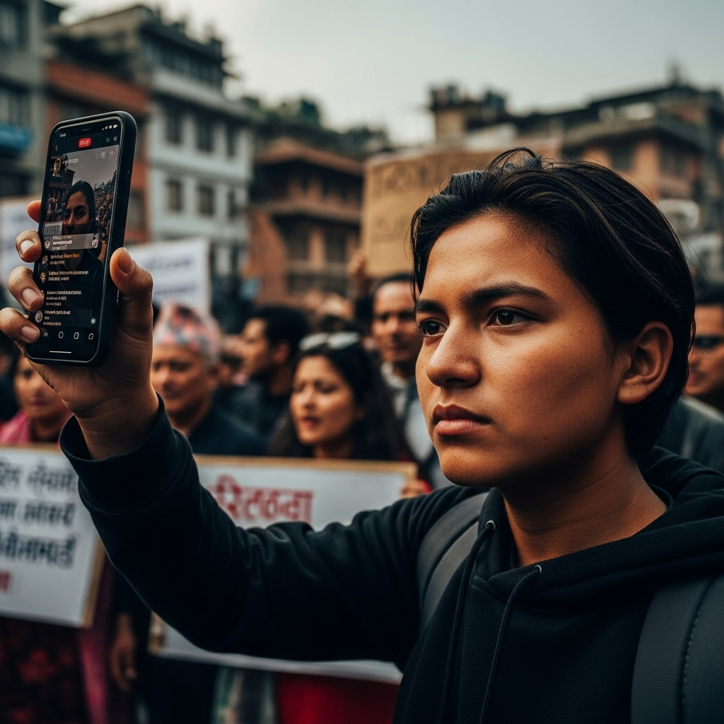 Gen Z in Nepal: 3 Reasons Behind the Youth Protests 3 A young member of gen z in Nepal live-streaming a protest on their smartphone, with a determined expression.
