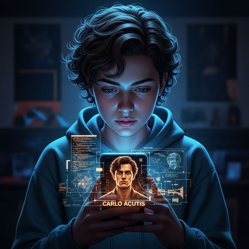 God’s Influencer: The 1st Millennial Declared a Saint 4 A young person viewing a smartphone, inspired by the digital legacy of god’s influencer, Carlo Acutis.