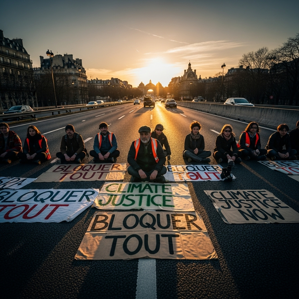 'block everything' protests: 100s arrested in France 2 Activists from the 'block everything' protests sitting on a major highway in Paris, holding banners.