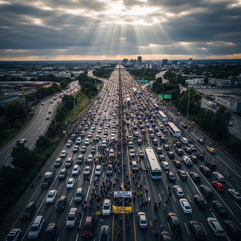 'Block everything' protests: Over 200 arrested in France 3 Aerial view of a major highway blocked by participants and vehicles during the 'block everything' protests.