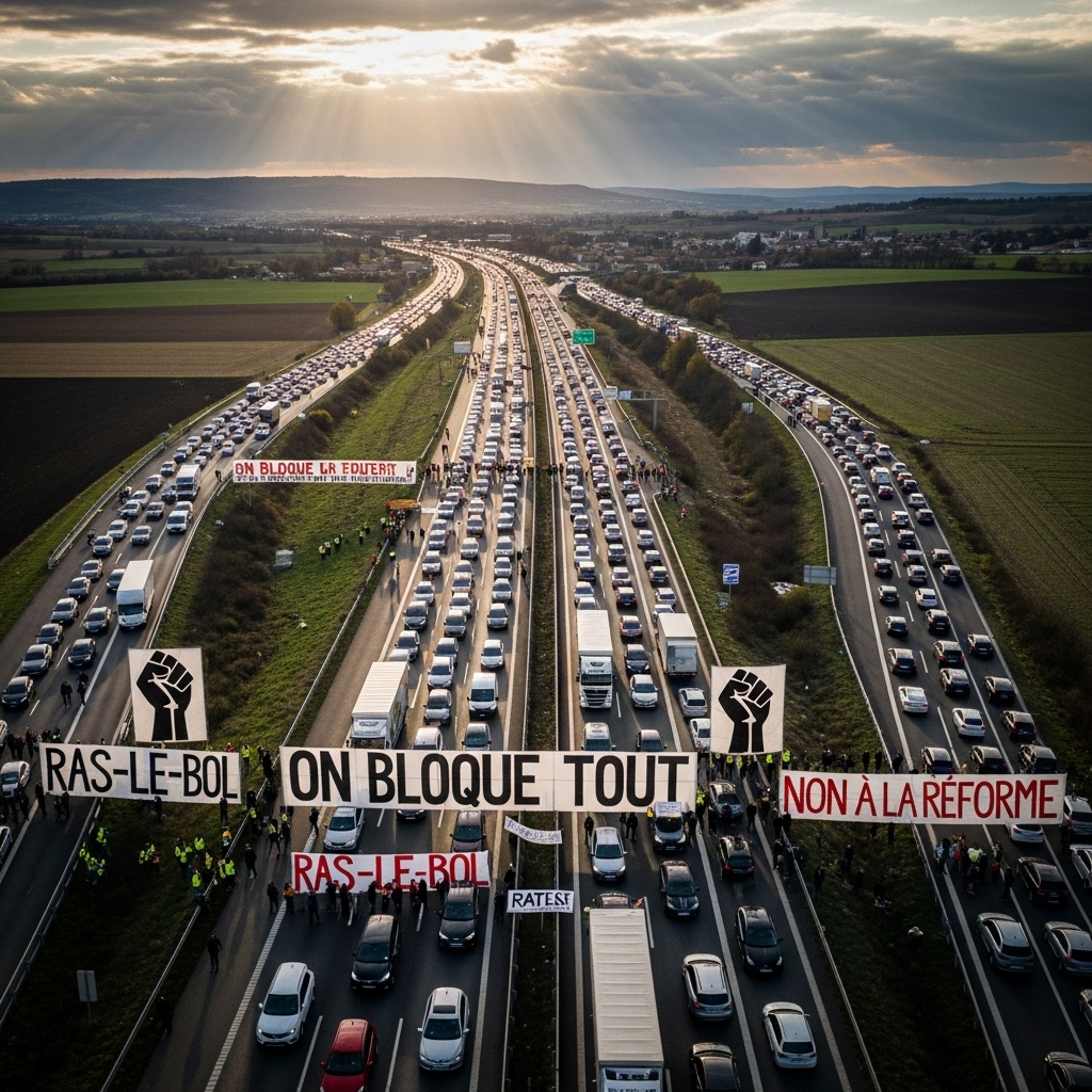 'block everything' protests: Hundreds Arrested in France 3 Aerial view of a massive traffic jam caused by the 'block everything' protests on a major French highway.