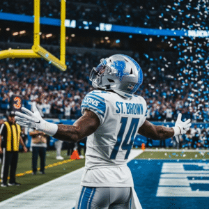 amon ra st brown celebrating a touchdown a perfect example of explosive nfl offenses 0