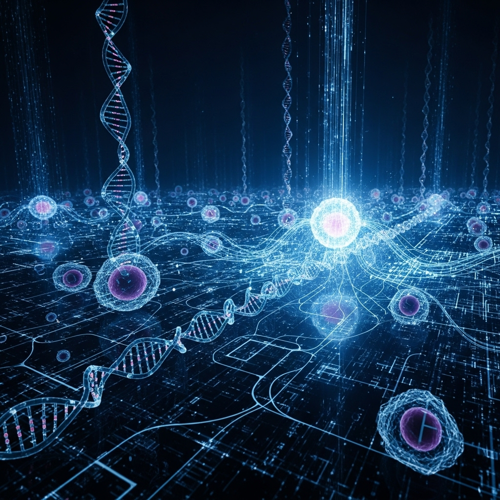 nrg tx: 3 Biotech Firms Lead Latest Fundraising Round 3 An abstract digital representation of AI algorithms processing biological data for nrg tx development.