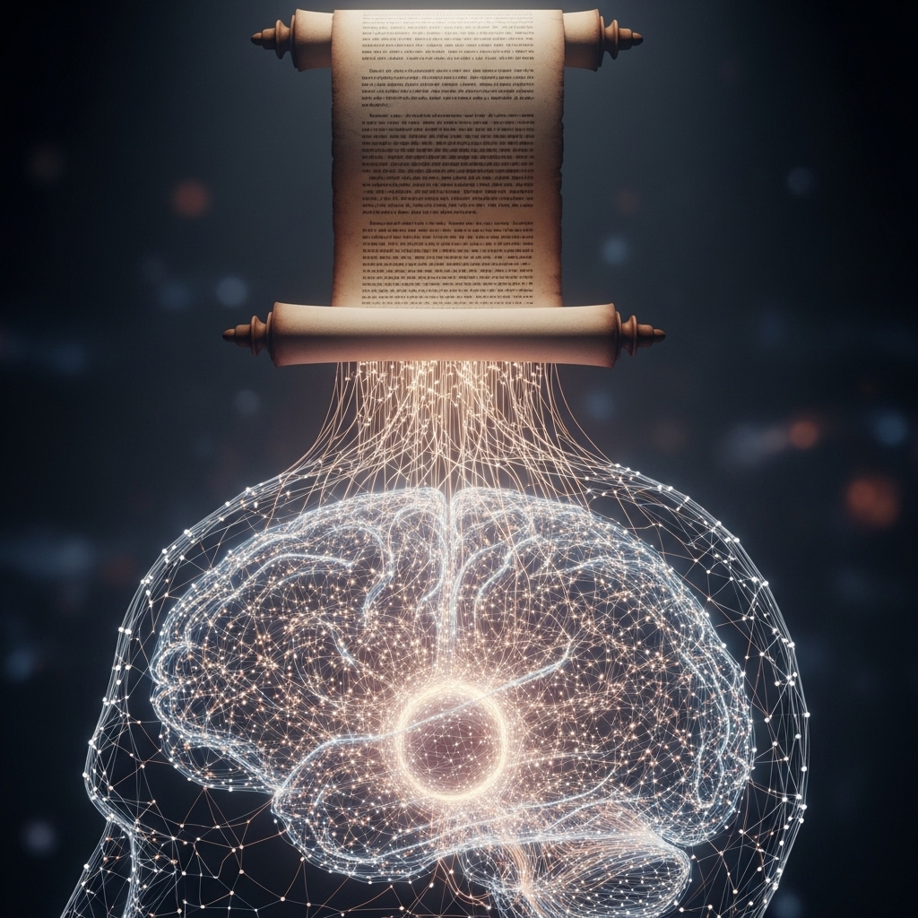 The latest advancements in AI-powered language models: 5 4 An abstract visualization of a long scroll of text feeding into a brain-like network, representing another of the latest advancements in AI-powered language models: long-context windows.