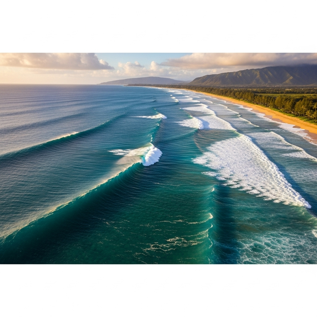 Huge Surf in Hawaii: 20-Foot Waves From Storm Kiko 2 An aerial shot showing organized lines of huge surf approaching the North Shore of Oahu.