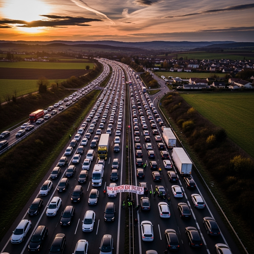 'block everything' protests: Over 300 arrested in France 4 An aerial view capturing the massive traffic jam caused by the 'block everything' protests on a national route in France.