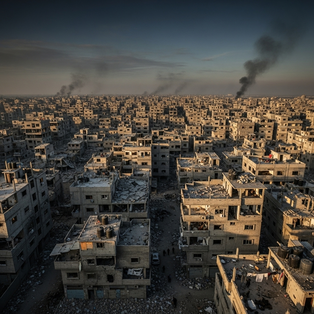 Collective Punishment: 2 Million Palestinians at Risk 3 An aerial view of a densely populated Gaza neighborhood, illustrating the wide-ranging impact of collective punishment.