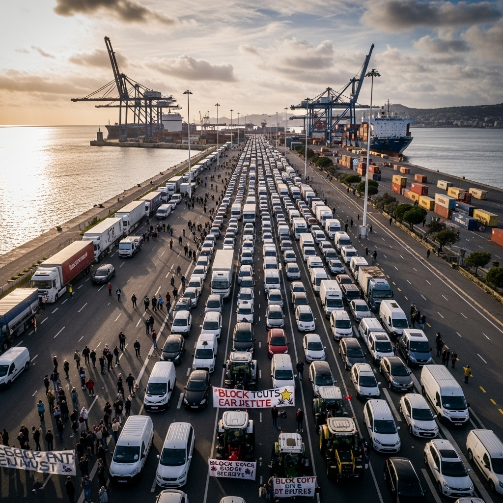 'Block Everything' Protests: France Arrests Over 100 4 An aerial view of a major French port with access roads blocked by vehicles involved in the 'block everything' protests.