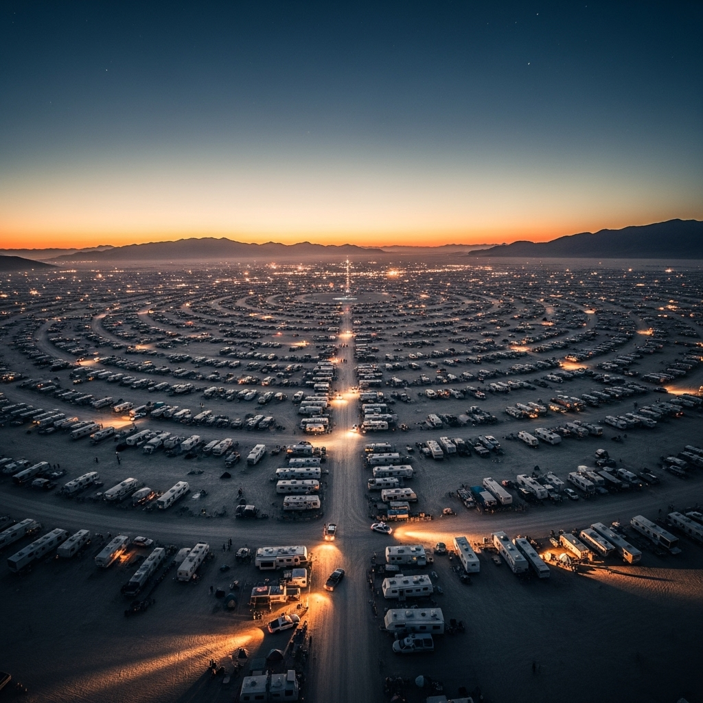 Police hunt for 1 killer at Burning Man amid strange events 3 An aerial view of the vast, circular layout of Black Rock City, illustrating the immense area the police hunt must cover.