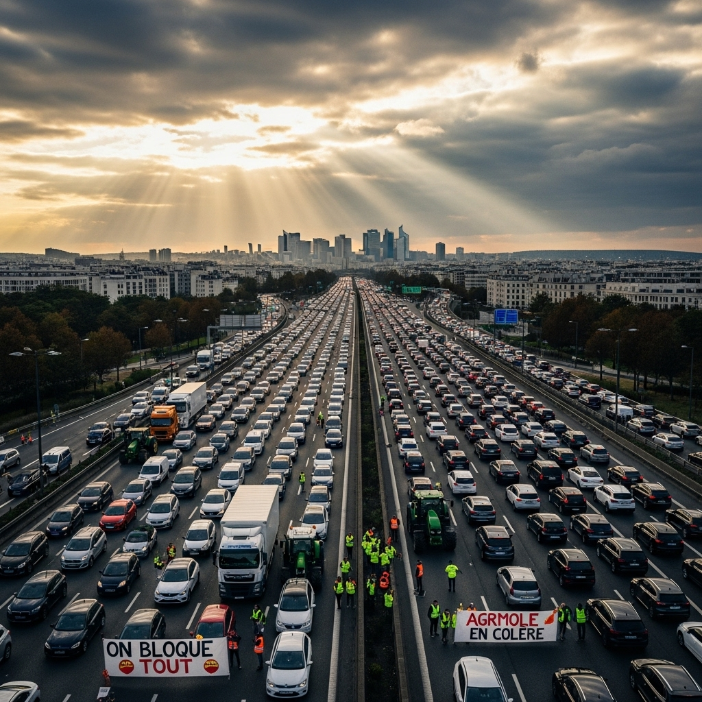 'Block Everything' Protests: French Police Arrest Hundreds 4 An aerial view showing a massive traffic jam caused by the 'block everything' protests near a major French city.