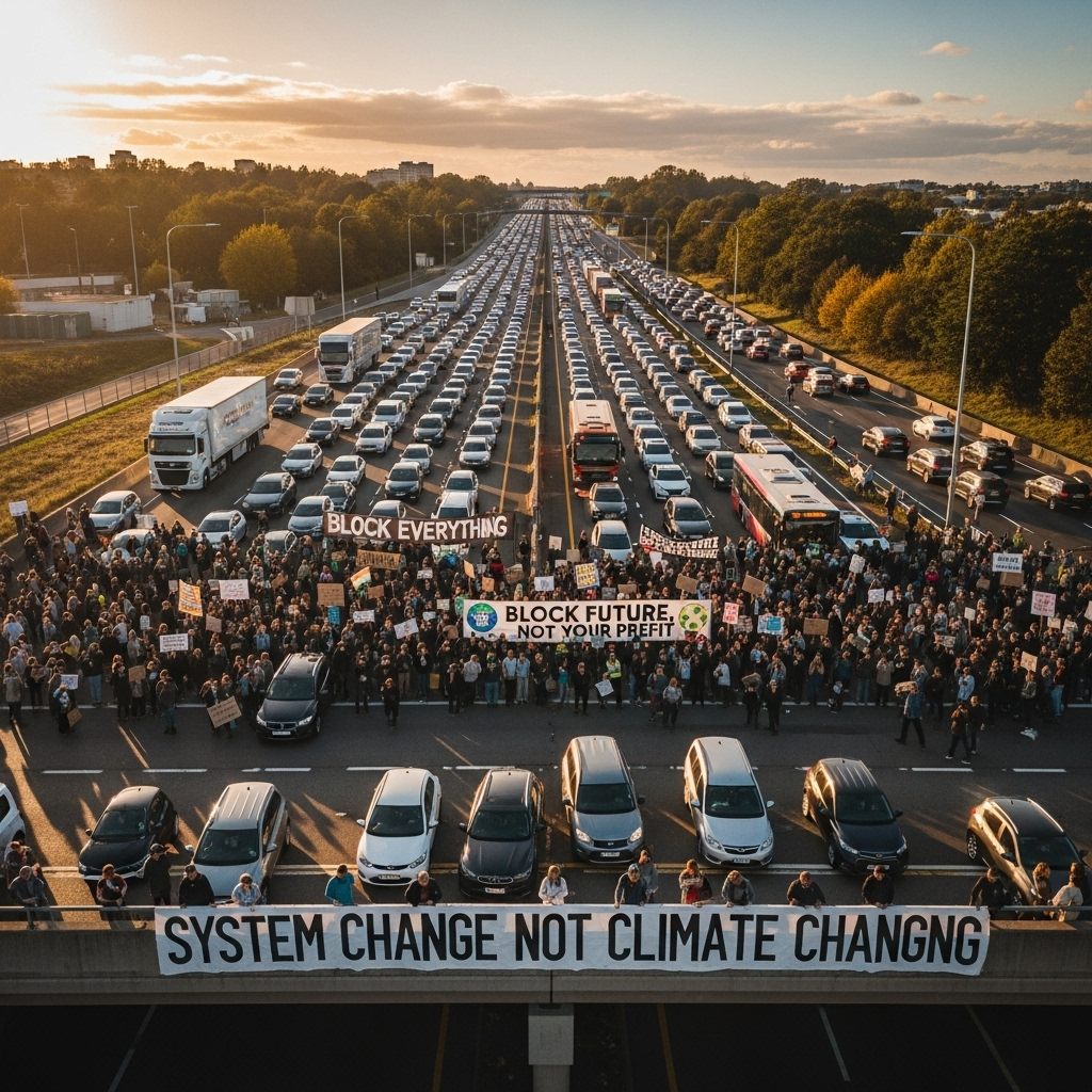 'block everything' protests: Over 300 arrested nationwide. 2 An aerial view showing the massive scale of the 'block everything' protests causing traffic gridlock on a highway.