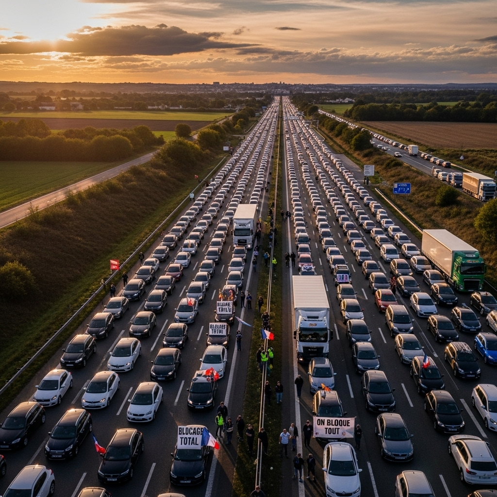 'Block everything' protests: Hundreds arrested in France 4 An aerial view showing the massive traffic jam caused by the 'block everything' protests on a French motorway.