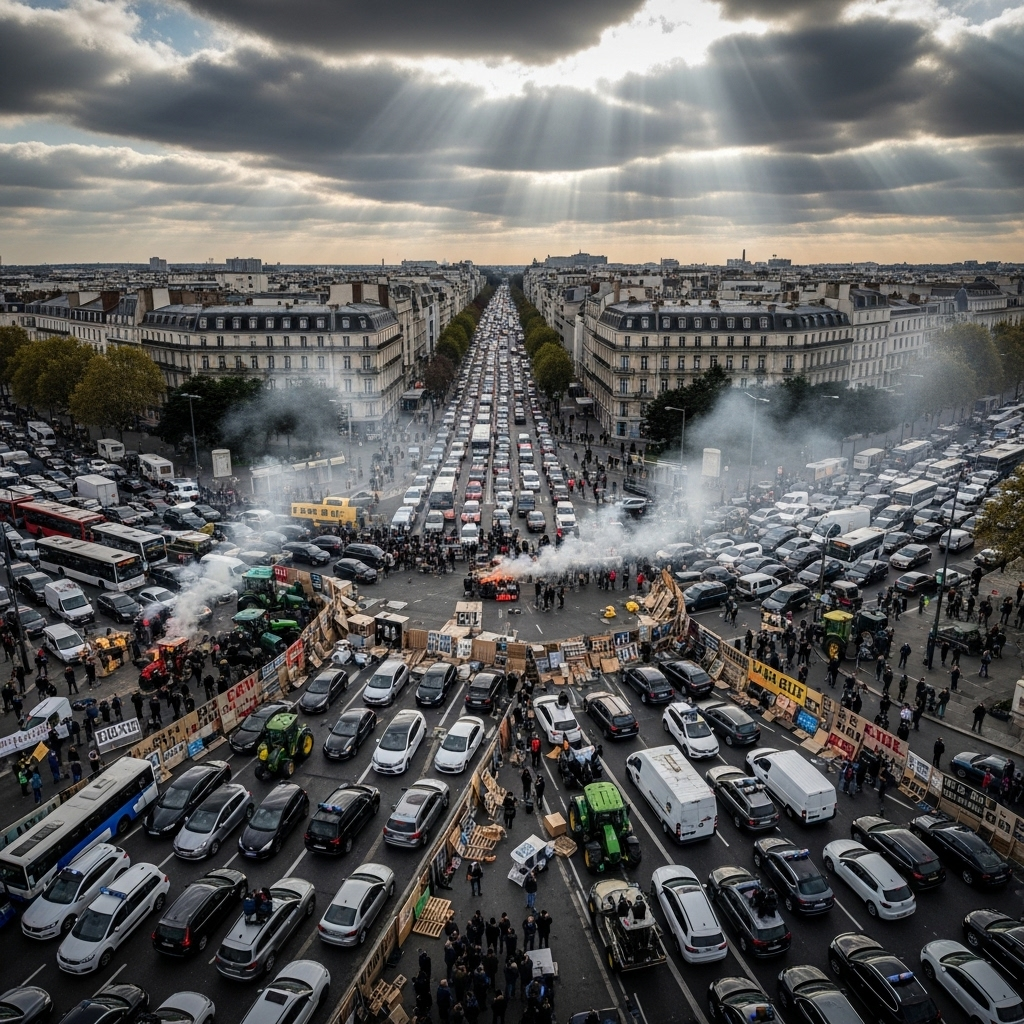 'Block Everything' Protests: Over 200 Arrested in France 4 An aerial view showing the widespread disruption caused by the 'block everything' protests across a major French city center.