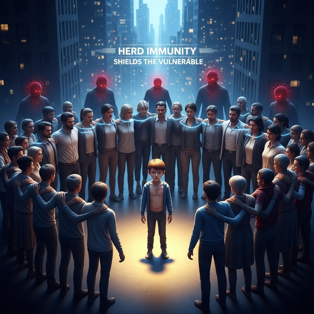 my son's life: 3 reasons why vaccine mandates matter 3 An animated graphic showing how herd immunity shields the vulnerable, a critical concept for protecting my son's life.