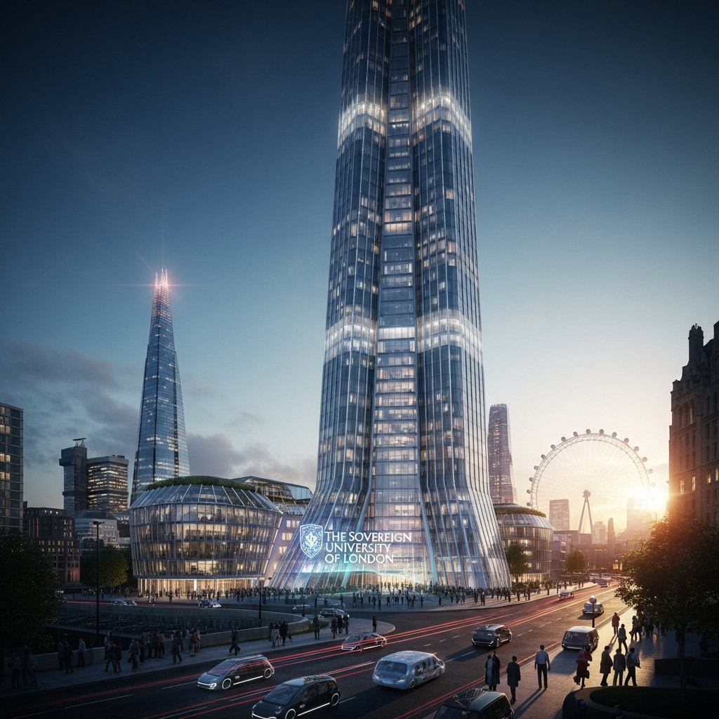 Two merge to form UK's 1st 'super-university' by 2026 3 An architect's rendering shows a futuristic 'Sovereign Innovation Tower,' a key project as the two merge into The Sovereign University of London.