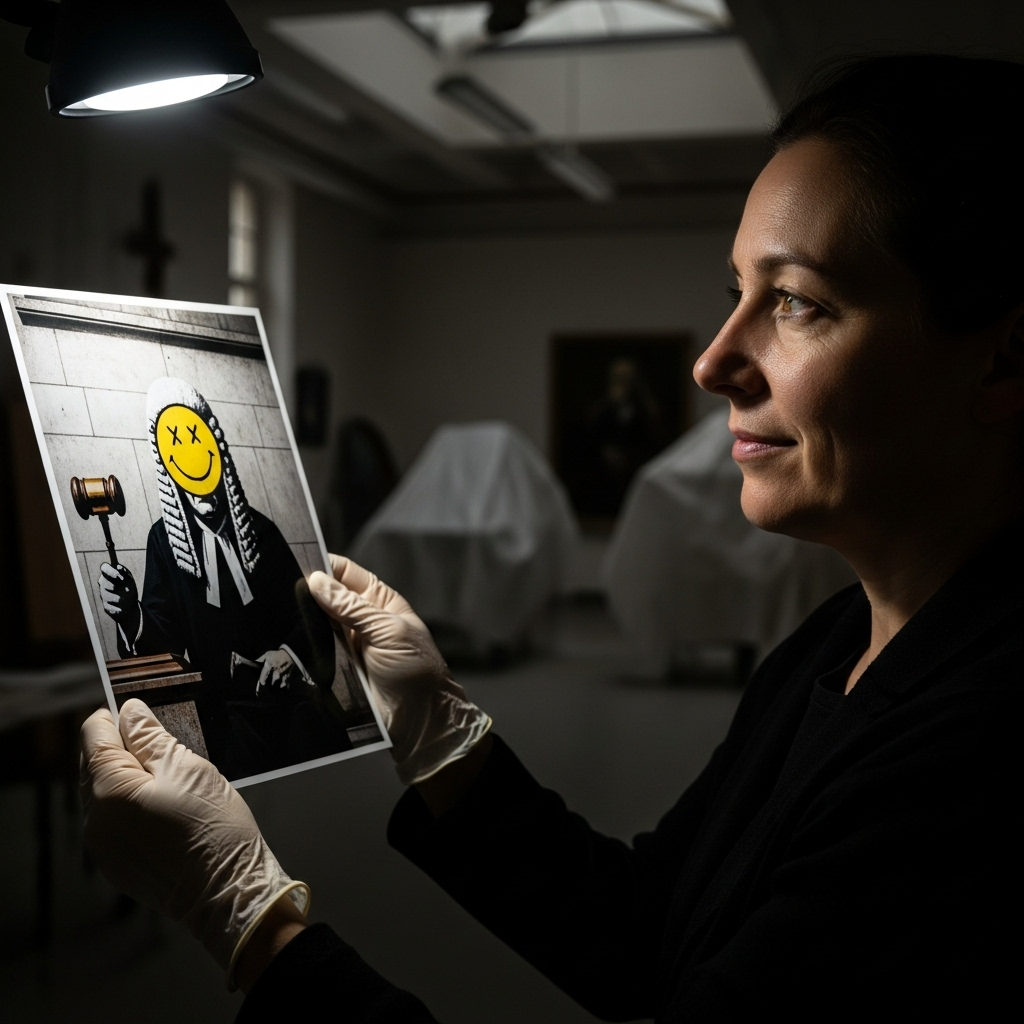 uk judge mural by Banksy: 1 artwork scrubbed from wall 4 An art conservator looking thoughtfully at a photograph of the original uk judge mural by Banksy.