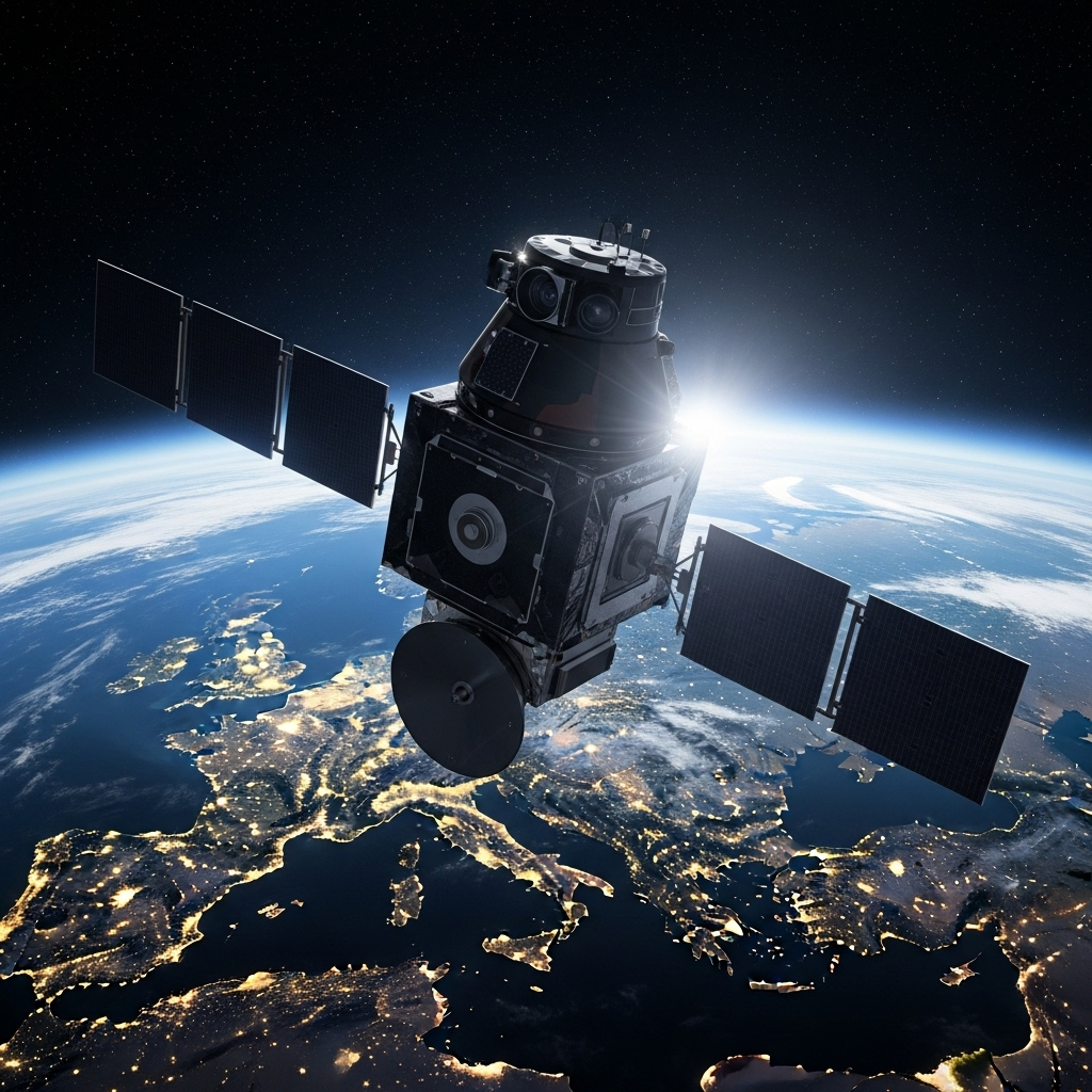 Polish PM Tusk Vows 2 Key Military Upgrades After Drone 4 An artist's conception of a Polish military observation satellite in orbit above Europe, a key part of the plan from Polish PM Tusk.