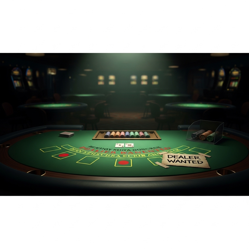 Ongoing tourism decline: 100s of Vegas dealers replaced 2 An empty blackjack table with a 'dealer wanted' sign, symbolizing job losses from the ongoing tourism decline.