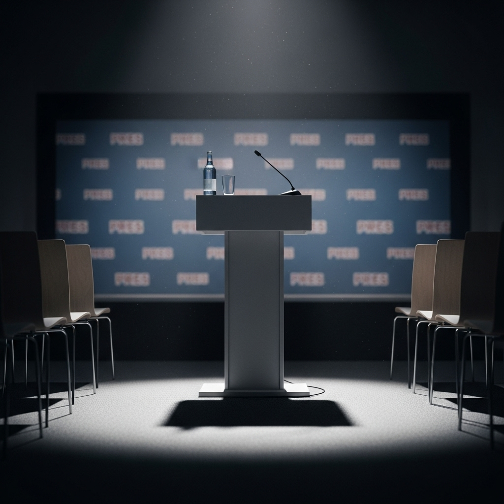 News Conference Delay: 3 Developments in Kirk Investigation 2 An empty podium and chairs set up for a news conference that has been delayed.