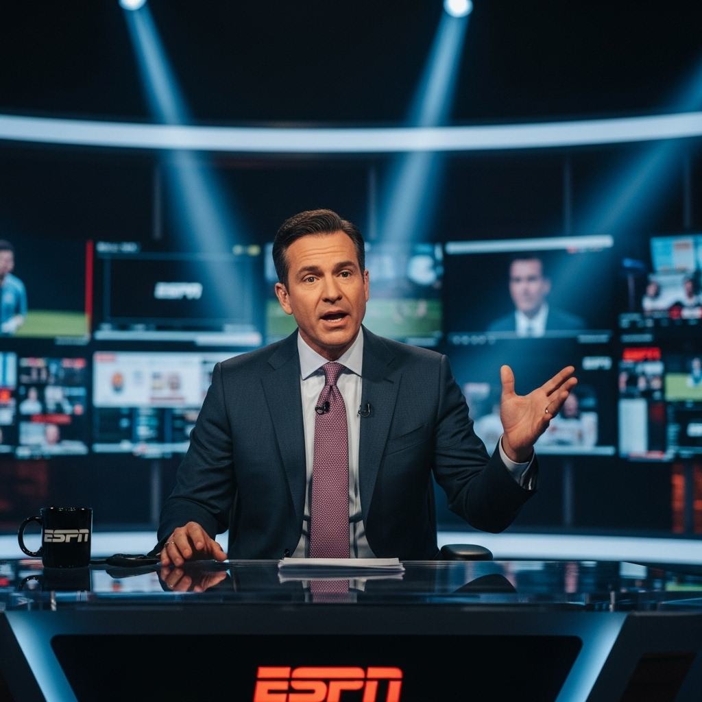 ESPN Host Gives 1 Stern Warning on Celebrating Murder 2 An ESPN host gesturing seriously while speaking at a studio desk.