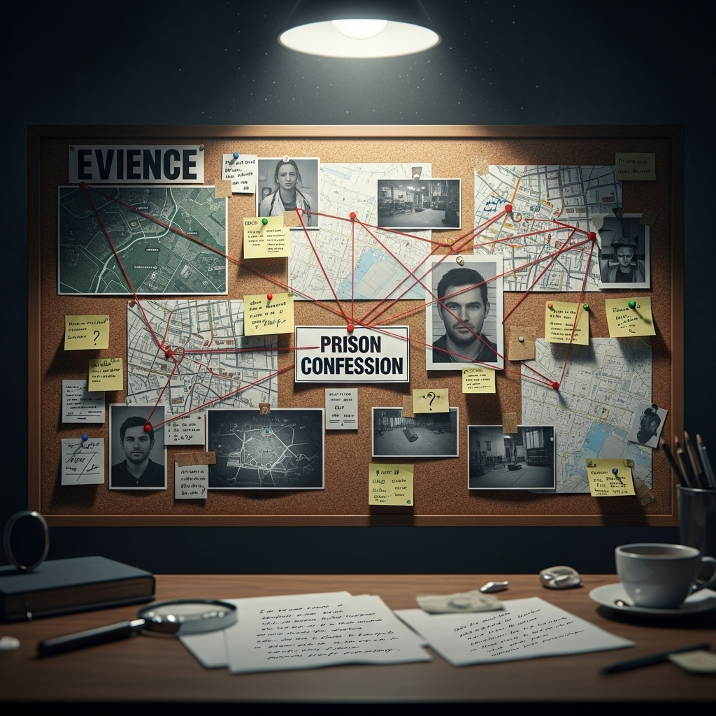 Shocking Prison Confession: Killer Admits to 26 Murders 3 An evidence board with maps and photos linked by strings, illustrating the investigation following a shocking prison confession.
