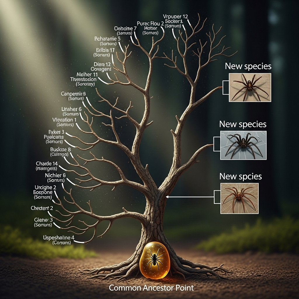 New species: 2 dancing spiders unlock evolution's key 4 An evolutionary tree diagram showing how the two new species of spider diverged from a common ancestor.