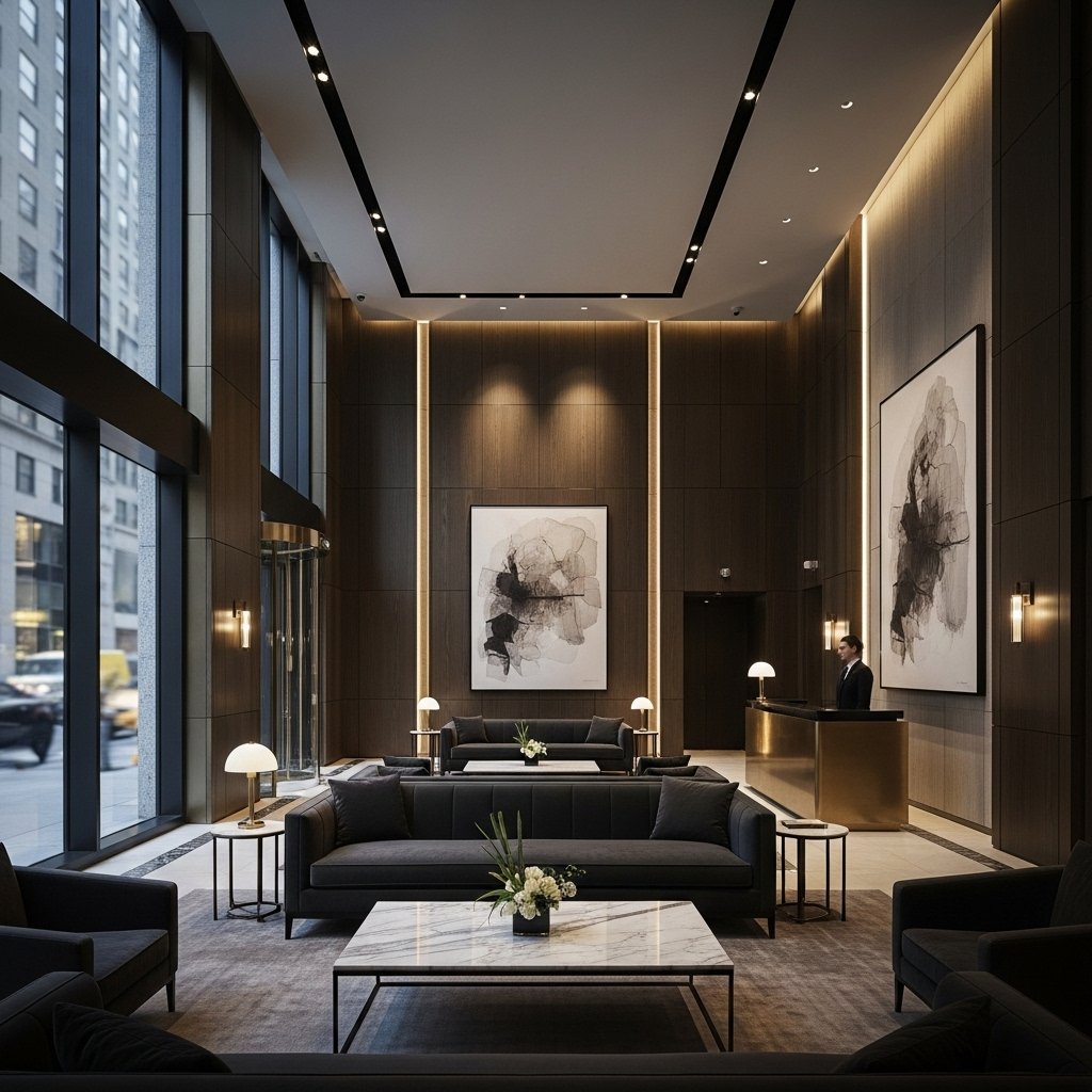 57th Street: 5 Reasons It's NYC's Billionaires' Row 3 An exclusive, luxurious lobby on 57th Street, signifying privacy and wealth.