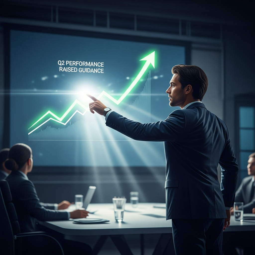 Strong Q2 Report: 5 Key Highlights for Investors 4 An executive pointing to an upward-trending arrow on a presentation slide, symbolizing raised guidance after a strong q2 report.