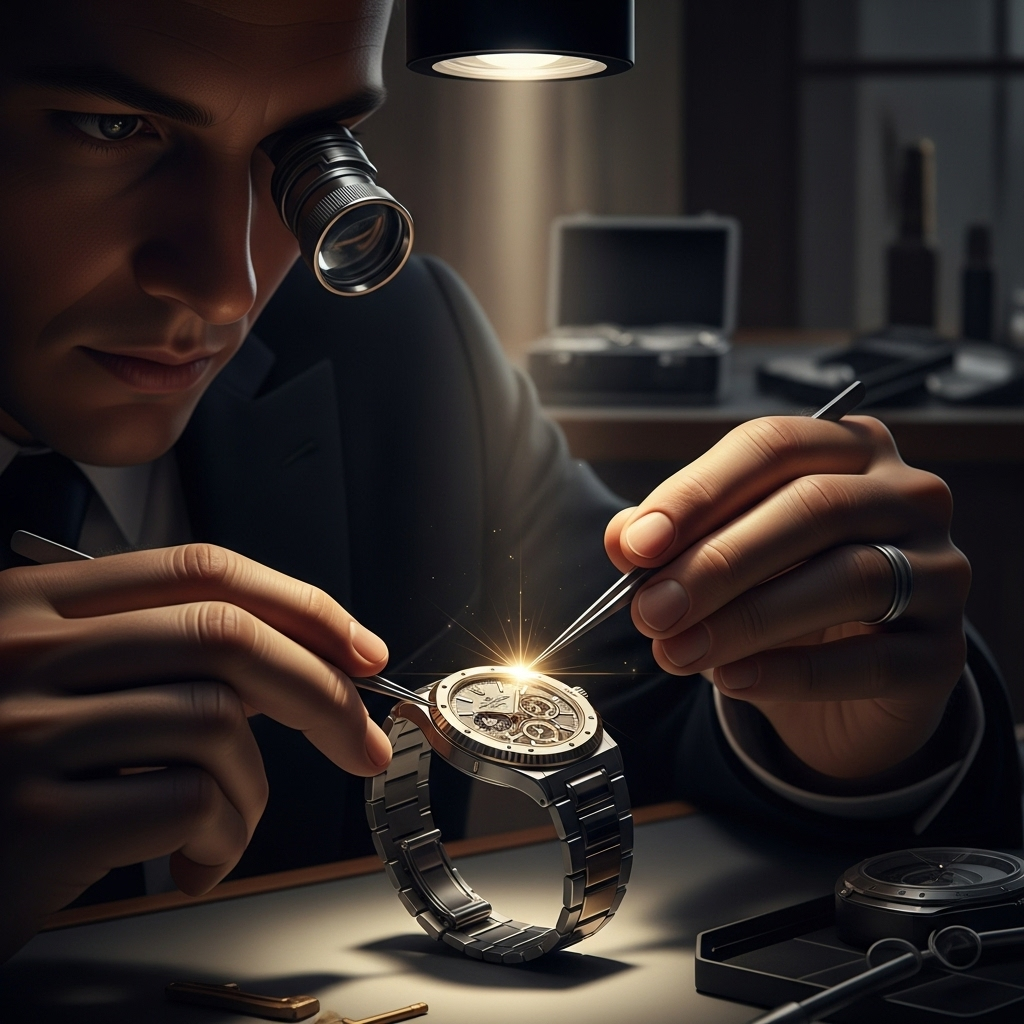 Luxury Shopping: 5 Ways the R.Lux App Redefines It 3 An expert carefully inspecting a luxury watch, representing the authentication process in luxury shopping.