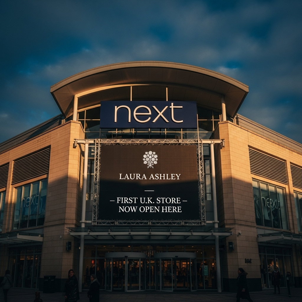 first u.k. store: Laura Ashley Returns to 1 UK High St 3 An exterior shot of the Next building at Bluewater, proudly announcing the new first u.k. store from Laura Ashley.