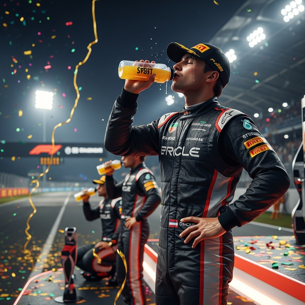 Up to 6 Pounds: F1 Driver Weight Loss in a Single Race 4 An F1 driver on a podium rehydrating with a drink after a grueling race where weight loss can be up to 6 pounds.