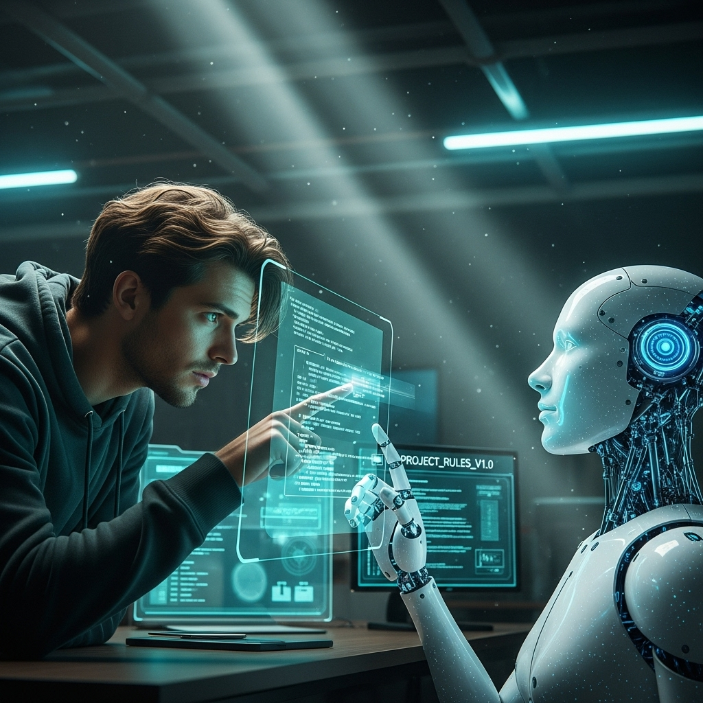 Vibe Coding: 5 Ways Senior Devs Are Now AI Babysitters 3 An illustration of a developer reminding an AI bot of the project's rules, a key part of the vibe coding process.