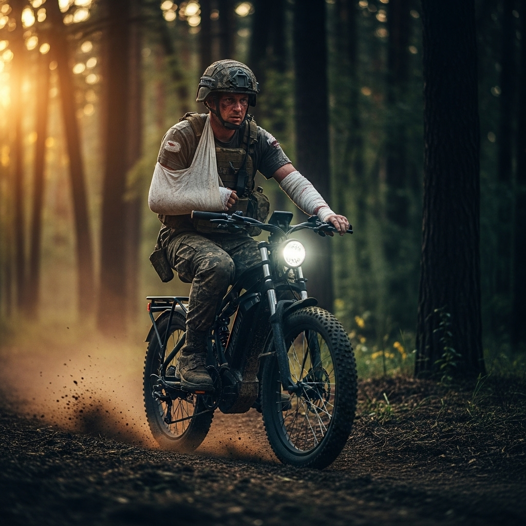 Wounded Soldier's 21st Century Escape: E-Bike by Drone 4 An image of a soldier in uniform riding an all-terrain e-bike through a wooded area, representing a successful escape by a wounded soldier.