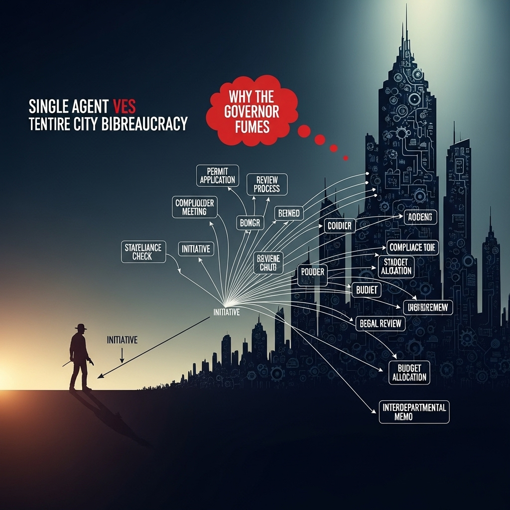 Governor Fumes: 1 Agent Brings Crackdown to Chicago 4 An infographic showing a single agent versus the entire city bureaucracy, illustrating why the governor fumes.