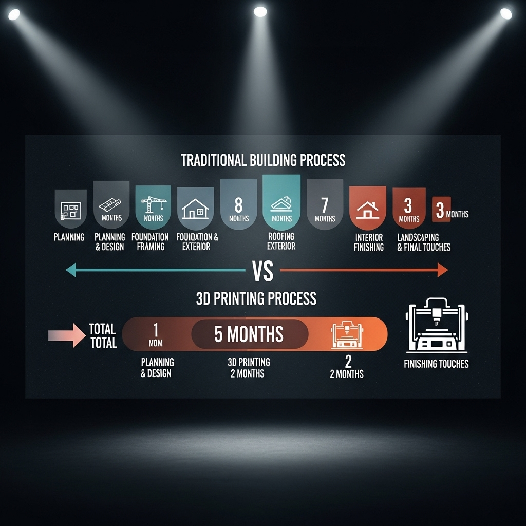 just 5 months: Australia's 1st 3D Printed Home is Here 4 An infographic showing the timeline comparison between traditional building and the 3D printing process that took just 5 months.