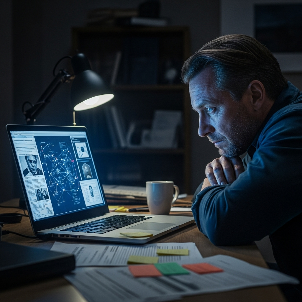 self-inflicted wounds: 1 Suspect in School Shooting Dies 2 An investigator looking at a laptop, representing the search for a motive after a tragedy involving self-inflicted wounds.