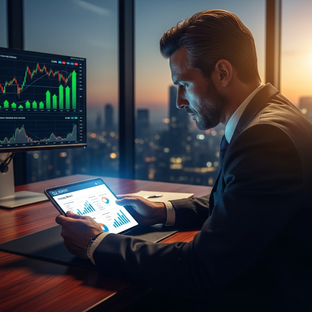 Strong Q2 Report: 5 Key Takeaways for Investors in 2024 3 An investor analyzing a strong q2 report on a tablet with stock market data in the background.