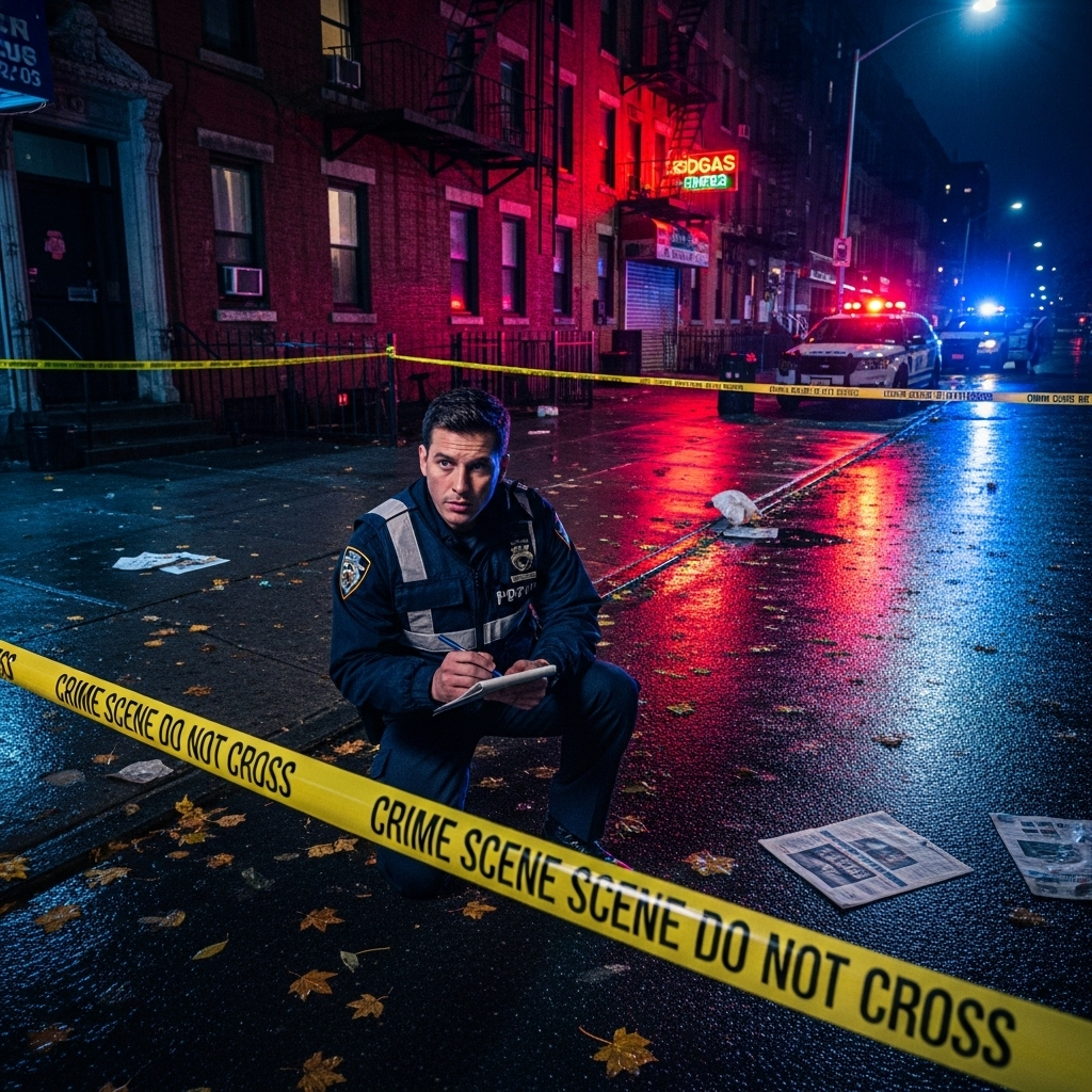 NYPD Officer Slashed in Face with 14-Inch Blade by Man 2 An NYPD officer attending to a crime scene in the Bronx.