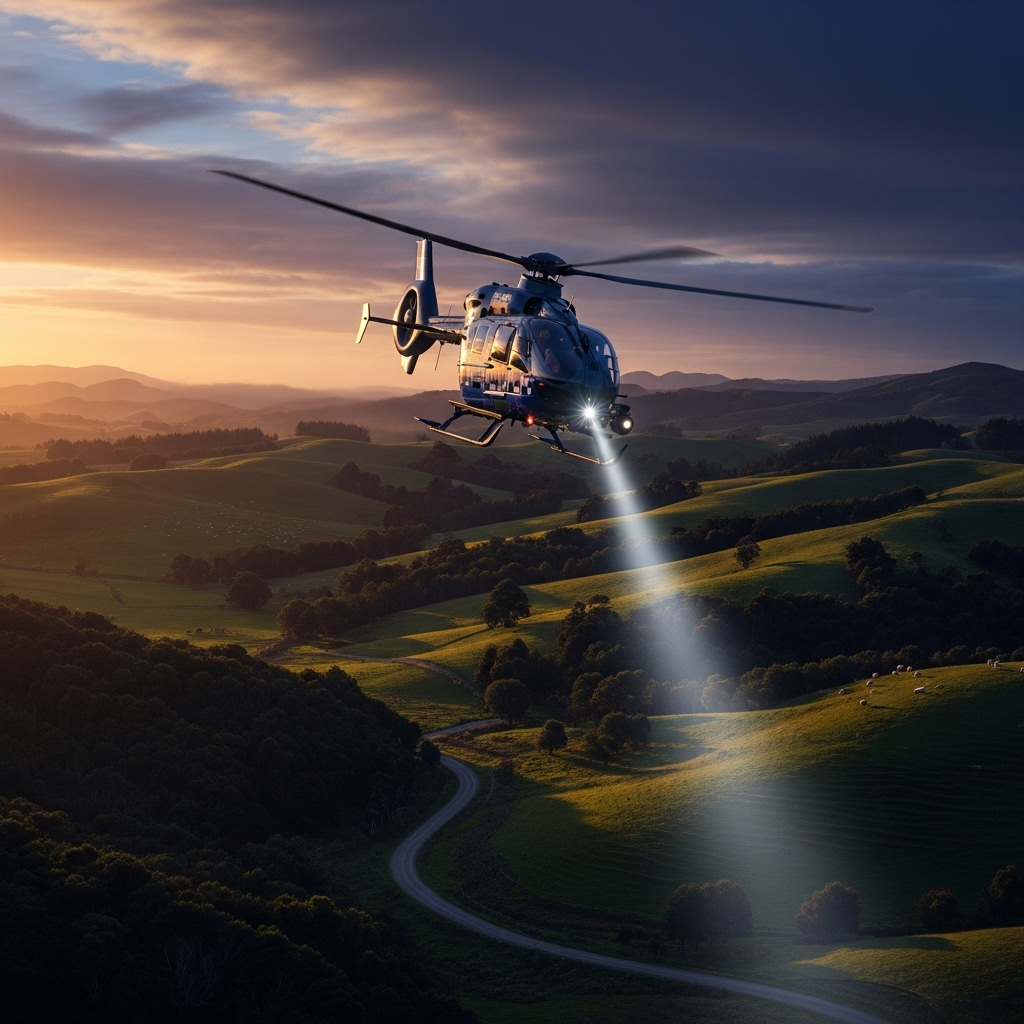 NZ Police Search for 2 Missing Kids After Fugitive Shot 2 An NZ Police helicopter flying over a rural New Zealand landscape during the search operation.