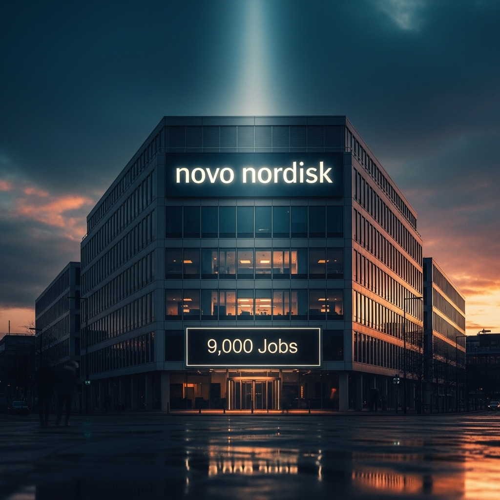 9,000 jobs cut: Ozempic-maker Novo Nordisk restructures 2 An office building with a sign for Novo Nordisk, symbolizing the corporate decision affecting 9,000 jobs.