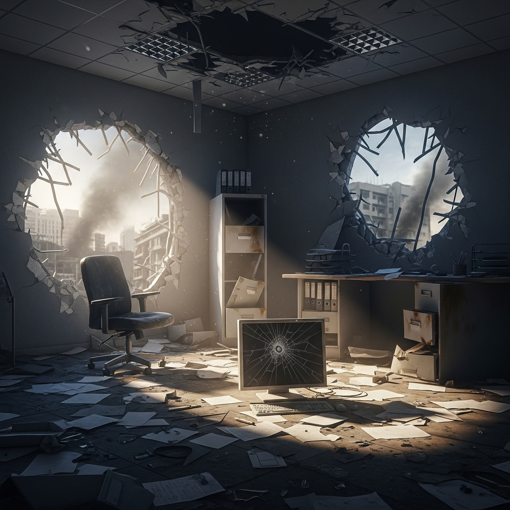 Missile Strike: 12 Photos Inside Kyiv's Gov Building 3 An office interior destroyed by the missile strike, with papers and debris scattered everywhere.