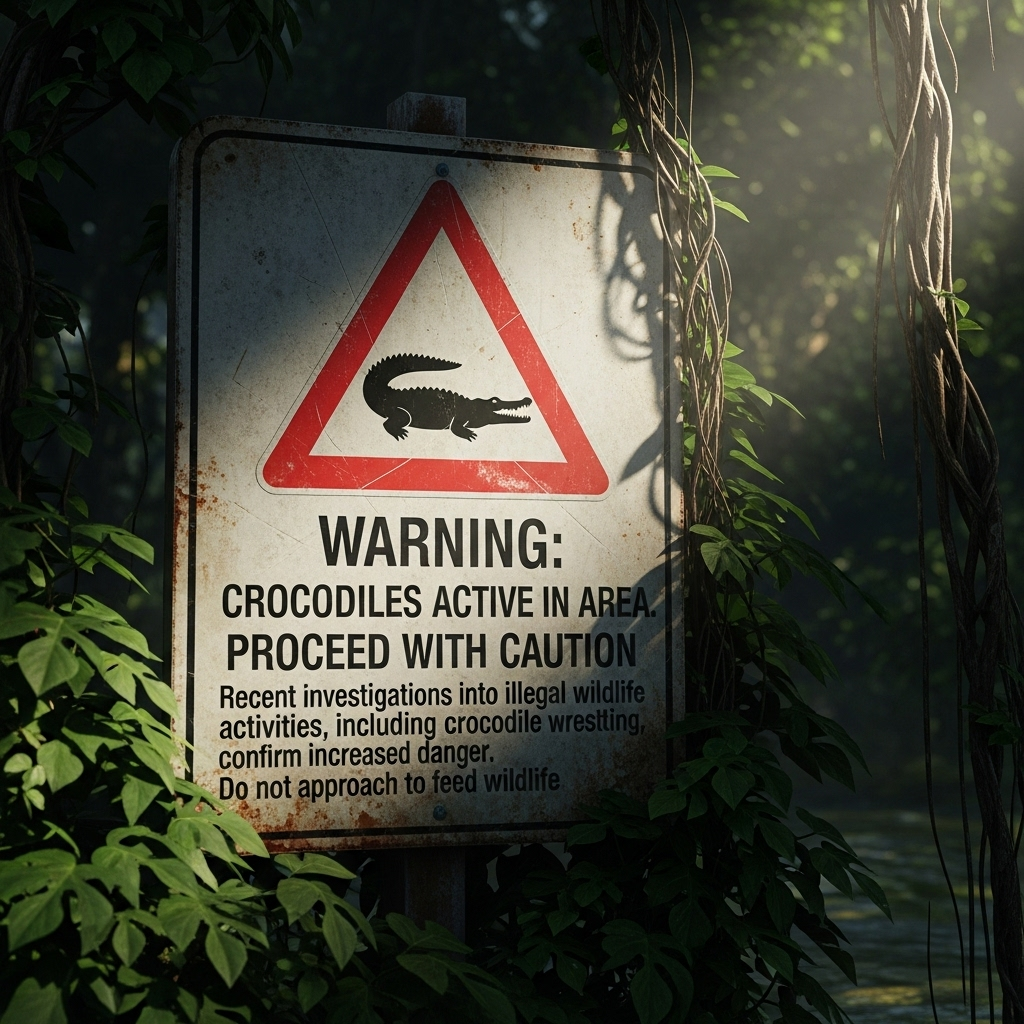 Wild Croc Wrestling Videos: 1 Influencer Investigated 3 An official sign warning about crocodiles in the area, relevant to the wild croc wrestling videos investigation.