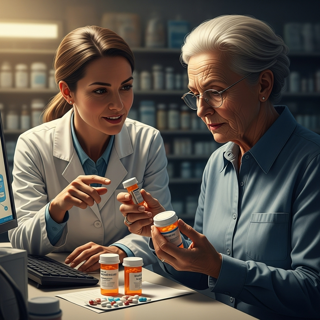 Common Prescription Drugs: 5 Types Linked to Senior Falls 2 An older adult carefully reviewing their common prescription drugs with a pharmacist.